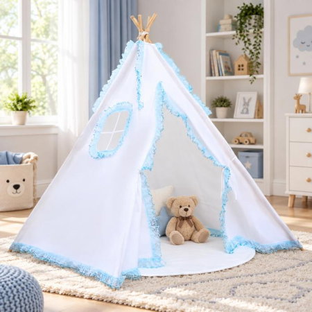 Cort de joaca pentru copii, cort teepee, stil indian, Empria, 110x110x110 cm, Alb/Bleu [4]