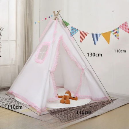 Cort de joaca pentru copii, cort teepee, stil indian, Empria, 110x110x110 cm, Alb/Roz [3]