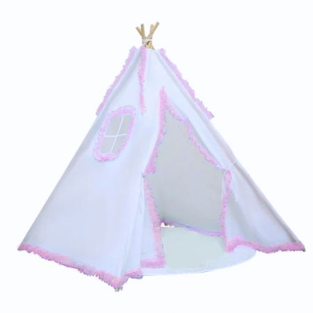 Cort de joaca pentru copii, cort teepee, stil indian, Empria, 110x110x110 cm, Alb/Roz [2]
