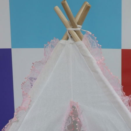 Cort de joaca pentru copii, cort teepee, stil indian, Empria, 110x110x110 cm, Alb/Roz [8]