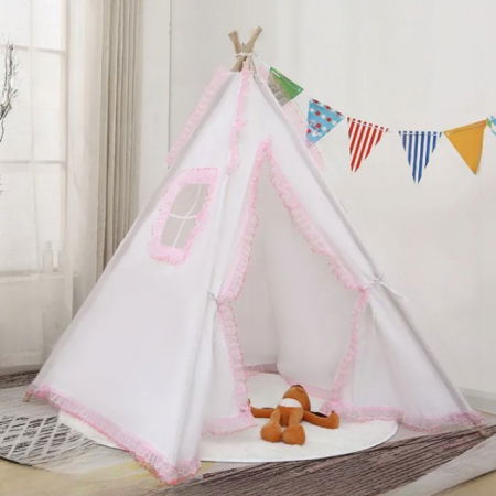 Tarcuri copii / bebelusi - Cort de joaca pentru copii, cort teepee, stil indian, Empria, 110x110x110 cm, Alb/Roz