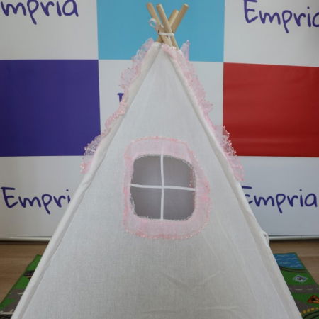 Cort de joaca pentru copii, cort teepee, stil indian, Empria, 110x110x110 cm, Alb/Roz [7]