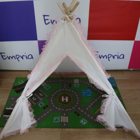Cort de joaca pentru copii, cort teepee, stil indian, Empria, 110x110x110 cm, Alb/Roz [6]
