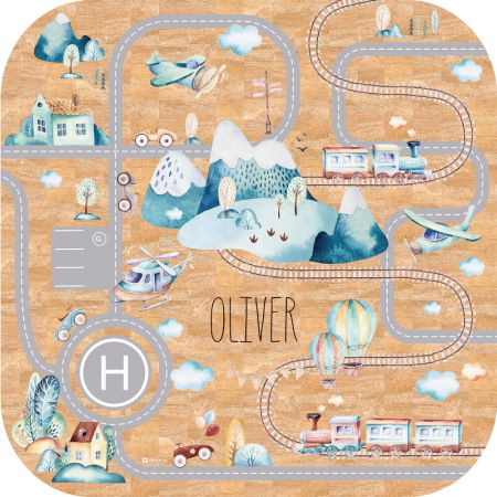 Covorase de joaca - Covor de joaca din pluta pentru copii cu un drum, masini si nume - Tren si avioane, 129 x 129 cm