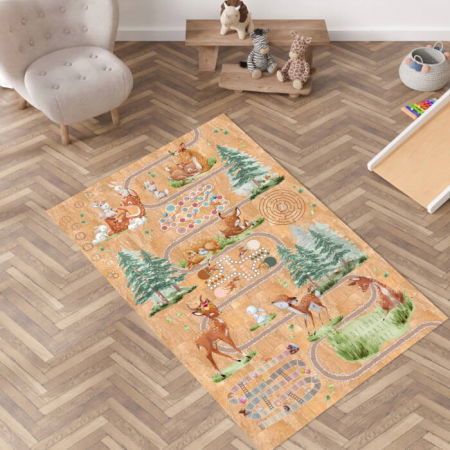 Covorase de joaca - Covor de pluta mare pentru copii cu caprioare si jocuri pentru copii, 140 x 220 cm