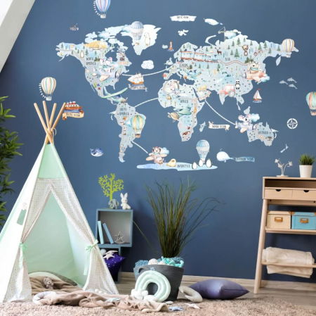 Stickere decorative - Harta de calatorie a lumii pentru baieti, 127 x 198 cm