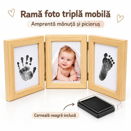 Accesorii bebelusi / nou-nascuti - Kit rama foto tripla mobila cu cerneala pentru manuta si piciorus Drool, Diverse culori