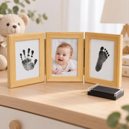 Accesorii bebelusi / nou-nascuti - Kit rama foto tripla mobila cu cerneala pentru manuta si piciorus Drool, Diverse culori