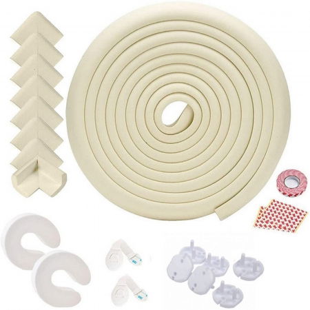 Kit siguranta copii - banda si coltare protectie maro, opritoare usa, sigurante sertar si protectii priza_Buy4Baby