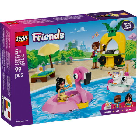 Jucarii copii si jocuri educative -  LEGO®  Friends - Petrecere la piscina cu unicornul si flamingo (42658), 99 piese