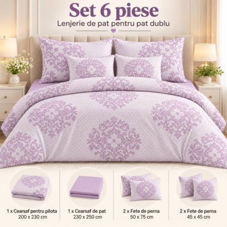 Lenjerie de pat 200x230 cm, 6 piese pentru pat dublu, material combinat, 4 fete de perna, model floral, Diverse culori [1]
