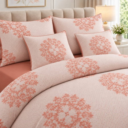 Lenjerie de pat 200x230 cm, 6 piese pentru pat dublu, material combinat, 4 fete de perna, model floral, Portocaliu [5]
