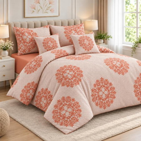 Perne si saltele bebelusi - Lenjerie de pat 200x230 cm, 6 piese pentru pat dublu, material combinat, 4 fete de perna, model floral, Portocaliu