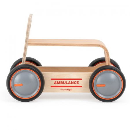 Idei de cadouri pentru bebelusi si copii - Masinuta ride-on, premergator si carucior de jucarii MamaToyz DriveMe Wood, Ambulanta - Jucarie din lemn 3 in 1