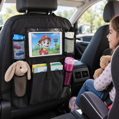 Accesorii auto copii - Organizator scaun auto copii, protectie scaun auto, 6 buzunare, 60x42 cm, Empria, Negru
