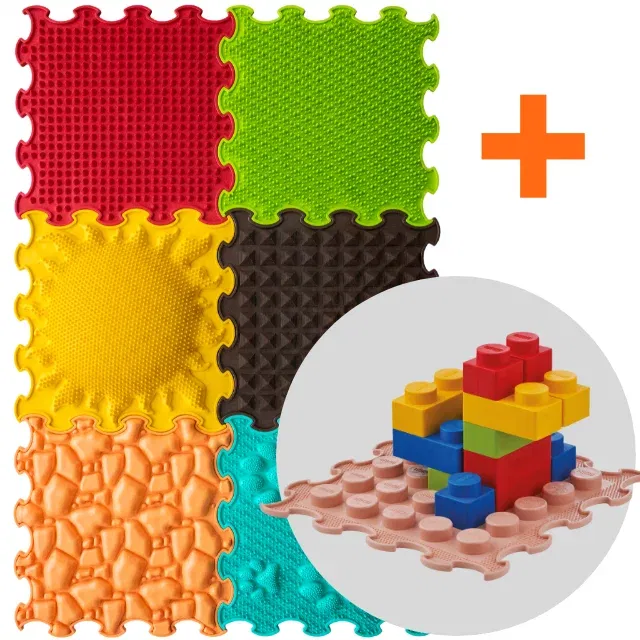 Covorase ortopedice senzoriale - PACHET: Set 16 piese Blocuri de constructie 3D + Set 6 Covorase tip puzzle