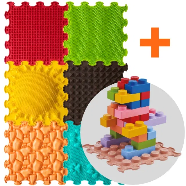 Jucarii senzoriale - PACHET: Set 32 piese Blocuri de constructie 3D + Set 6 Covorase ortopedice si senzoriale, puzzle