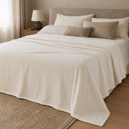Perne si saltele bebelusi - Patura dubla catifelata ecru, model reliefat impletit, 230x220 cm