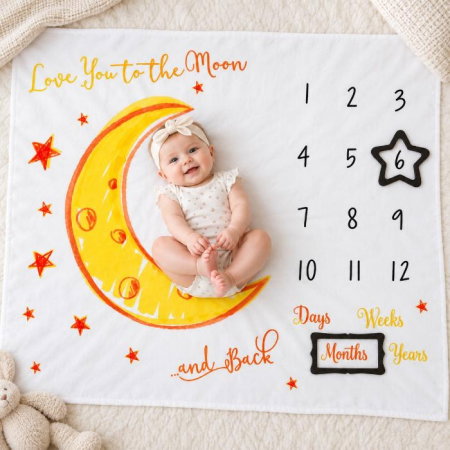 Accesorii bebelusi / nou-nascuti - Paturica Milestone plusata pentru fotografii memorabile Luna Galbena Drool