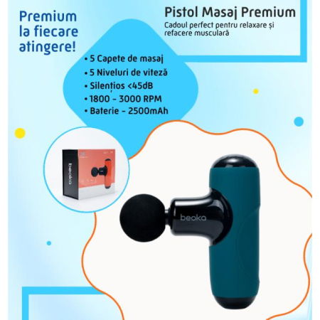 Pistol Masaj Premium - Aparat Masaj Ultra-Portabil, 5 Capete, 5 Viteze, 3000 Percutii, Motor Silentios, Carcasa Depozitare, Verde [3]