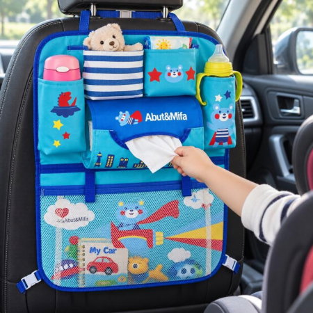 Protectie scaun auto, organizator auto copii, 8 buzunare, Empria, 54x43 cm, Albastru [0]