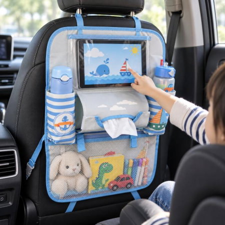 Idei de cadouri pentru bebelusi si copii - Protectie scaun auto, organizator auto copii, 8 buzunare, Empria, 54x43 cm, Diverse culori