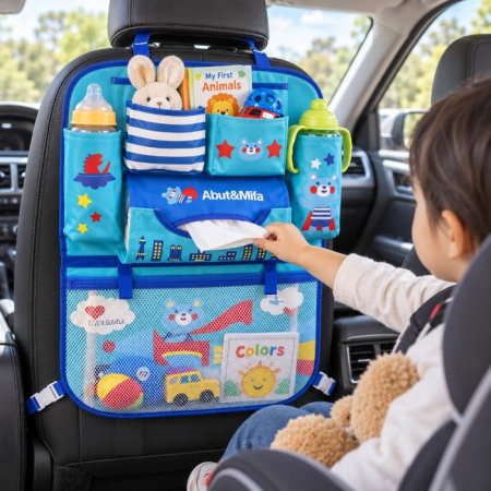 Protectie scaun auto, organizator auto copii, 8 buzunare, Empria, 54x43 cm, Albastru [2]