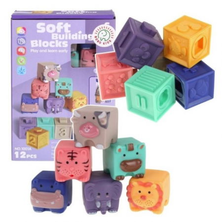 Set 12 cuburi de construit din silicon, jucarie educationala colorata, Empria, Animale si Cifre [20]