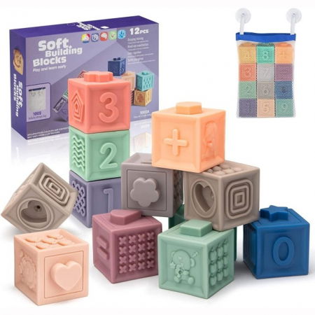 Jucarii bebelusi - Set 12 cuburi de construit din silicon, jucarie educationala colorata, Empria, Cifre si Forme