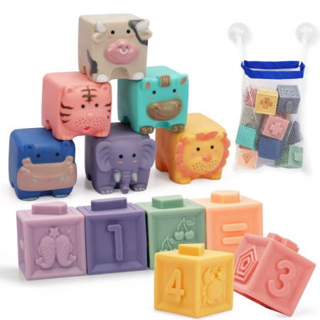 Set 12 cuburi de construit din silicon, jucarie educationala colorata, Empria, Animale si Cifre [8]