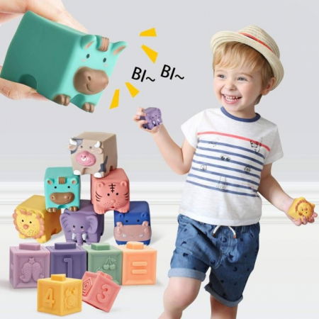 Set 12 cuburi de construit din silicon, jucarie educationala colorata, Empria, Animale si Cifre [6]
