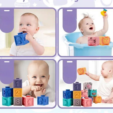 Set 12 cuburi de construit din silicon, jucarie educationala colorata, Empria, Animale si Cifre [14]