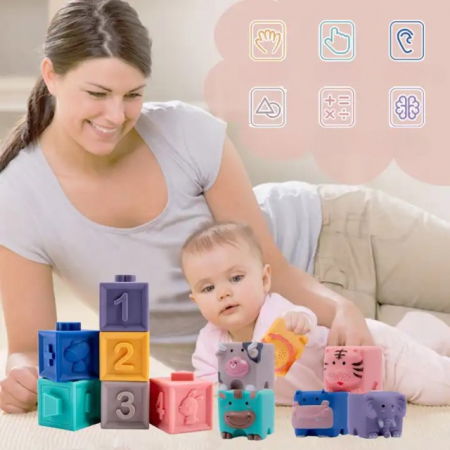 Set 12 cuburi de construit din silicon, jucarie educationala colorata, Empria, Animale si Cifre [4]