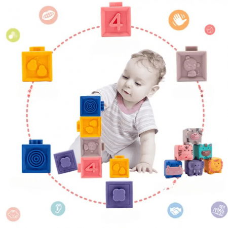 Set 12 cuburi de construit din silicon, jucarie educationala colorata, Empria, Animale si Cifre [16]