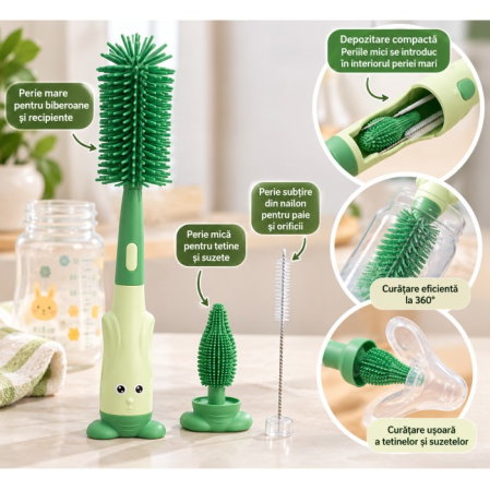 Set 3 perii din silicon pentru biberoane, tetine, suzete, paie, bebelusi, din silicon, fara BPA, Empria, Verde [2]