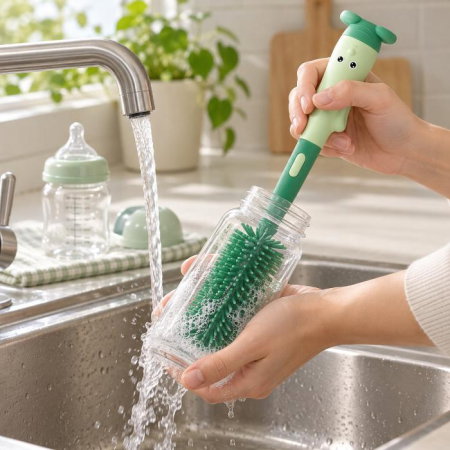 Diversificare bebelusi - Set 3 perii din silicon pentru biberoane, tetine, suzete, paie, bebelusi, din silicon, fara BPA, Empria, Verde