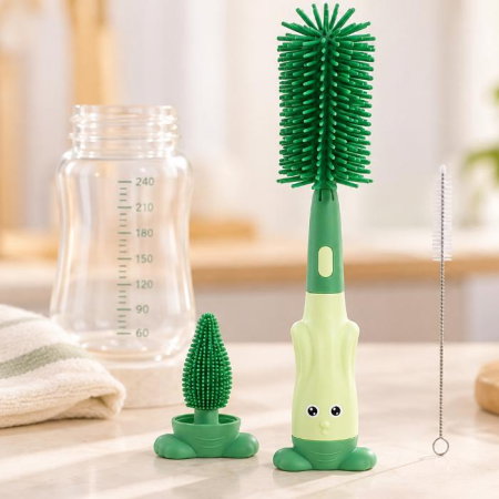 Diversificare bebelusi - Set 3 perii din silicon pentru biberoane, tetine, suzete, paie, bebelusi, din silicon, fara BPA, Empria, Verde