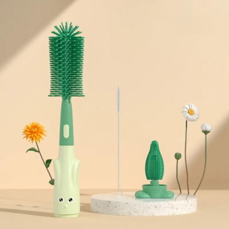 Diversificare bebelusi - Set 3 perii din silicon pentru biberoane, tetine, suzete, paie, bebelusi, din silicon, fara BPA, Empria, Verde
