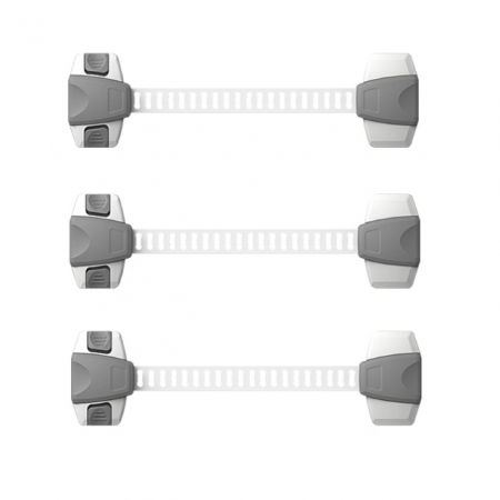 Sigurante pentru sertare si usi - Set 3 sigurante dulap flexibile si ajustabile, cu 2 butoane, 22 x 6 cm, Gri