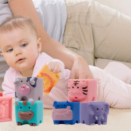 Set 6 cuburi de construit din silicon, jucarie educationala colorata, Empria, animale [4]