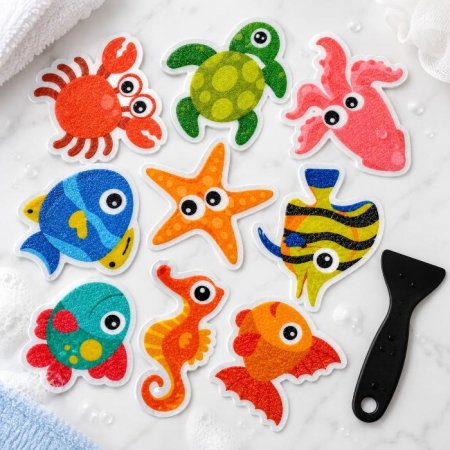 Set 9 autocolante antialunecare pentru cada, stickere lumea marina, PEVA [4]