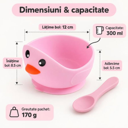 Diversificare bebelusi - Set bol anti-alunecare din silicon si lingurita pentru diversificare, Empria, Pui, Roz