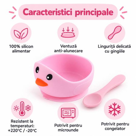 Set bol anti-alunecare din silicon si lingurita pentru diversificare, Empria, Pui, Roz [2]