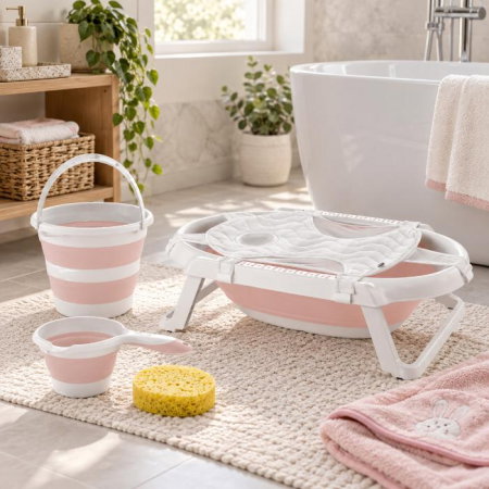 Set de baie cu 5 piese si cadita pliabila Babyjem, Roz [2]