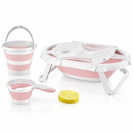 Baia bebelusului - Set de baie cu 5 piese si cadita pliabila Babyjem, Roz