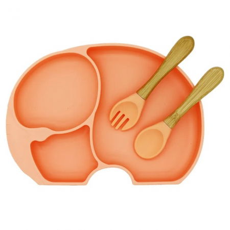 Set diversificare bebelusi Elefant, 6 piese, set hranire silicon fara BPA, Empria, Premium, Portocaliu [4]