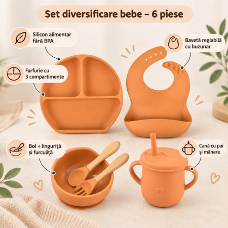 Set hranire bebelusi, 6 piese, diversificare, silicon fara BPA, Empria, Portocaliu [2]