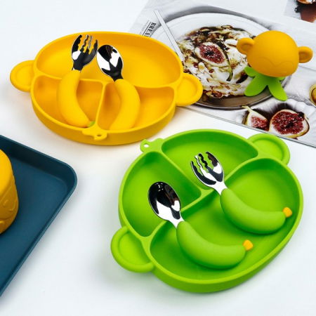 Set hranire bebelusi si copii, stangaci dreptaci sau ambidextri, farfurie silicon si tacamuri metalice, silicon fara alergeni, Empria, Maimutica, Diverse culori [4]