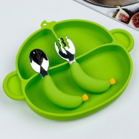 Diversificare bebelusi - Set hranire bebelusi si copii, stangaci dreptaci sau ambidextri, farfurie silicon si tacamuri metalice, silicon fara alergeni, Empria, Maimutica, Diverse culori
