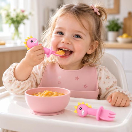 Diversificare bebelusi - Set mini tacamuri diversificare bebelusi, silicon alimentar, cu cutie depozitare, flexibile, Dino, Empria